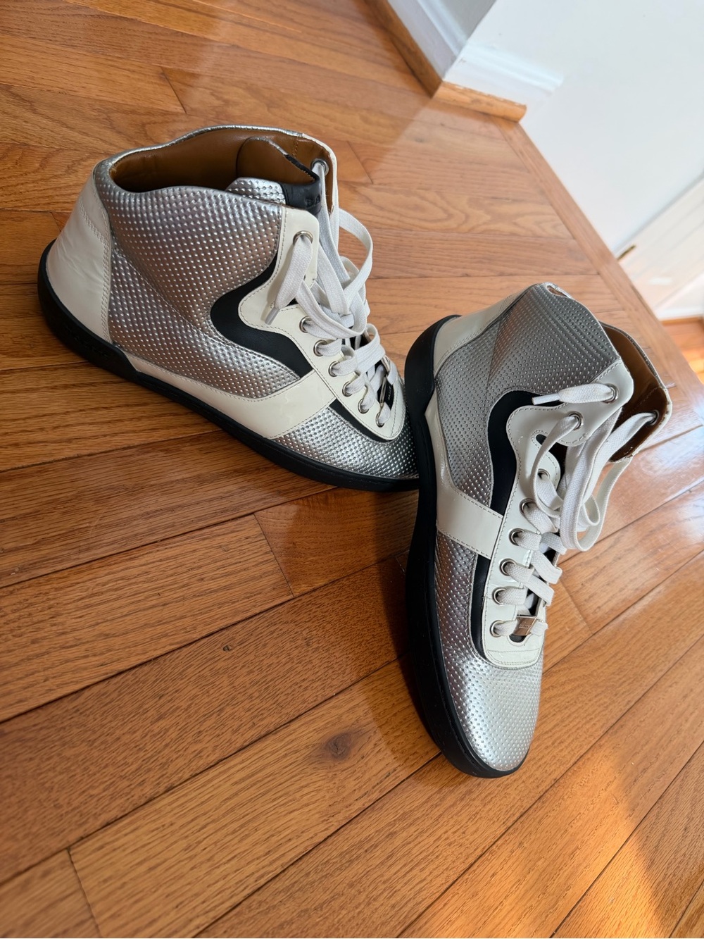 Bally Silver, White & Black High-Top Sneakers